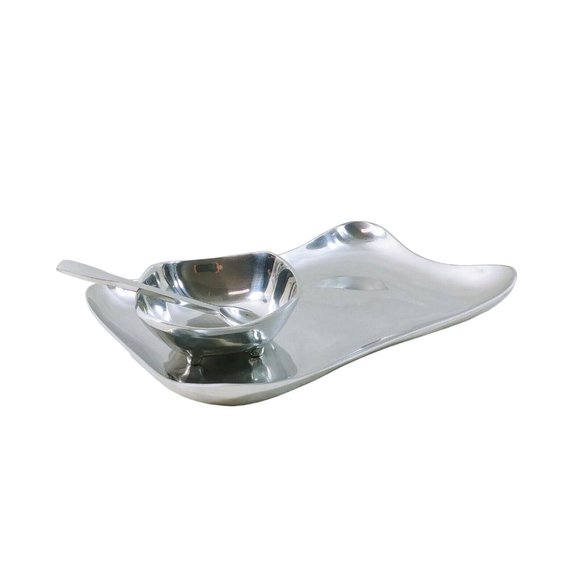 Serving Tray Bowl and Spoon Polished Metal Silver Color - Picture 8 of 10